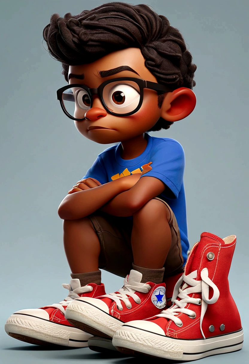 desenhar um de 6 anos, multiplas poses, Multiple expressions, book illustration style, simples, fofo, fundo branco. pele branca, cabelos castanhos com tons de loiro, cabelos longos e lisos, red frame glasses, olhos escuros. vestindo camiseta branca sem detalhes e short preto simples. Blue All Star Sneakers.