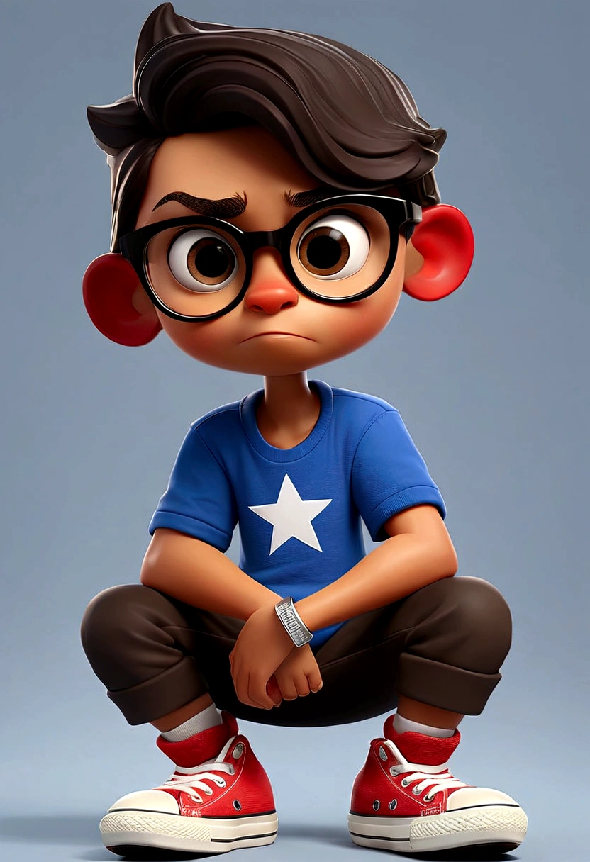 desenhar um menino de 6 anos, multiplas poses, Multiple expressions, book illustration style, simples, fofo, fundo branco.  pele branca, cabelos castanhos com tons de loiro, cabelos longos e lisos, red frame glasses, olhos escuros. vestindo camiseta branca sem detalhes e short preto simples. Blue All Star Sneakers. 