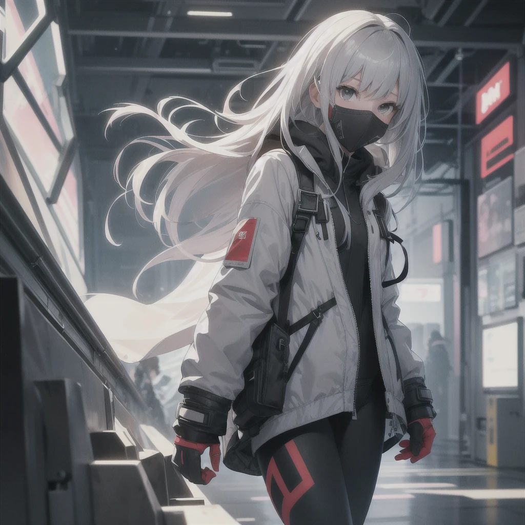 1girll,focal point:Shoot from head to shoe full body! (Full body shooting from head to shoe),helmet, Hood, Solo, Spacesuit, Extra-long_Hair, bangs, Jacket, The upper part of the body_Body, White_Hair, bag, Blurry, Coat, Grey_Eyes, Mask, Blurry_Background, Backpack, zippers, Mouth_Mask, Covered_Mouth, Urban tech clothing, Outfit,lowerbody,Fair long legs,Unequal network leggings,with light glowing,zipperechanical loot,Full body shooting from head to toe。