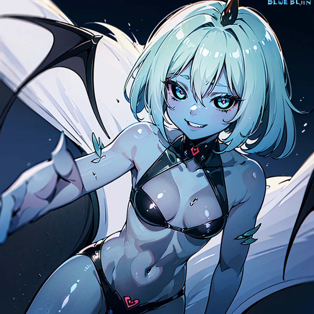 (((blue skin:1.2))),(wavelong hair),(light green color hair),(Black Sclera),((small breasts)),((slender adult)),((highest quality)), ((masterpiece)), (be familiar with), Perfect Face,succubus woman,Demon woman,demon horn,demon wing,demon tail,crotch tattoo,smile,,semen,Liquid is dripping