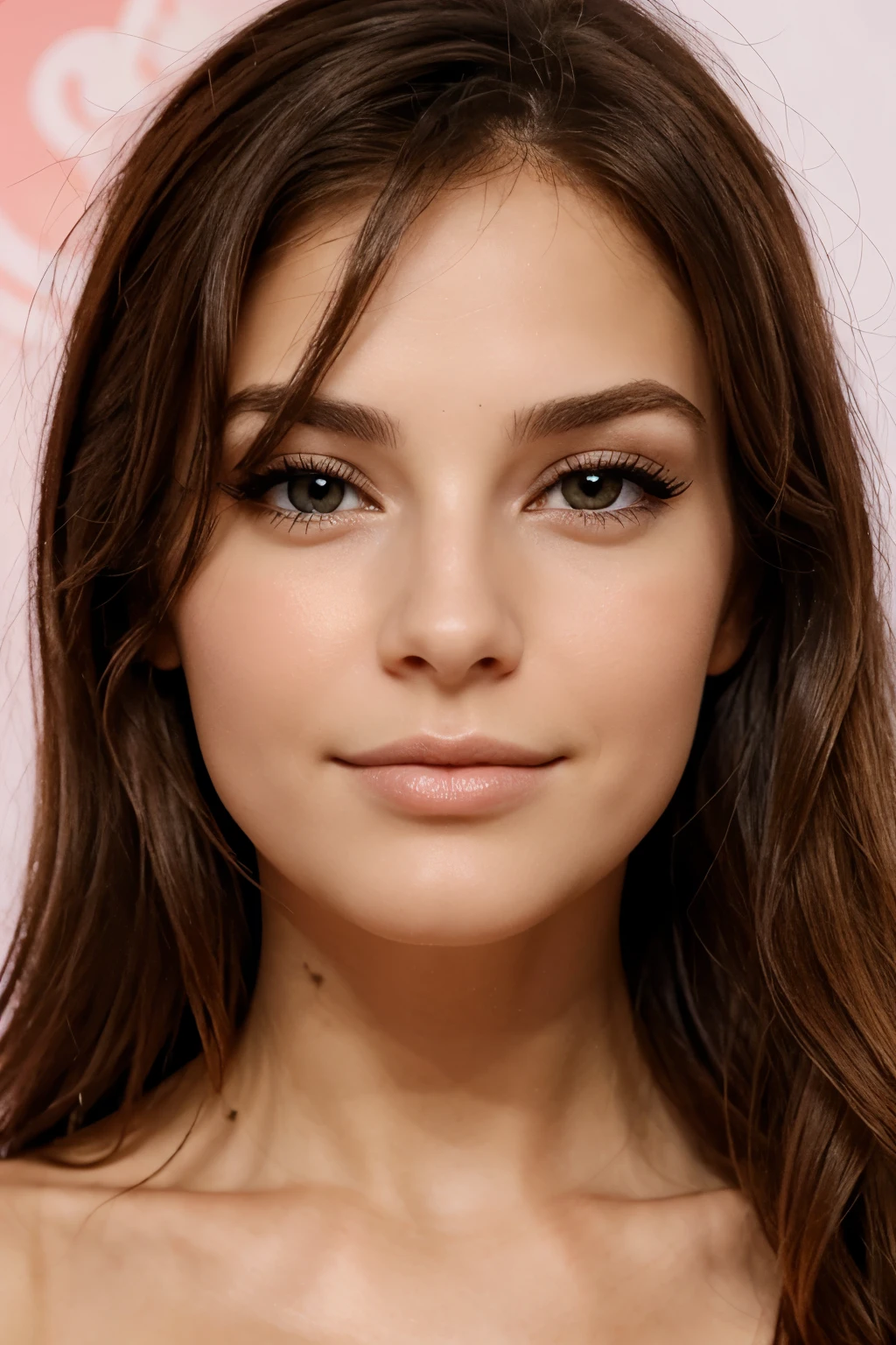 un contact visuel d'une femme aux cheveux brun, visage parfait, cartoon jaw, beautiful lips, nez fin, fine, visage dégagé et au thème clair, visage de face