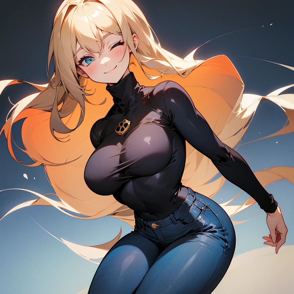 Girl with dirty blonde colored hair, black void head while smiling with eyes closed as it has white outline and the mouth has while outline too, red turtleneck covering neck with blue jeans, curvy thighs and 40B chest size