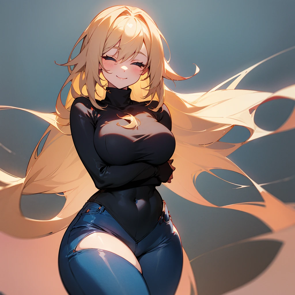 Girl with dirty blonde colored hair, black void head while smiling with eyes closed as it has white outline and the mouth has while outline too, red turtleneck covering neck with blue jeans, curvy thighs and 40B chest size