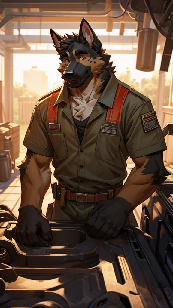 A male furry dog ​​of the Caucasian Shepherd breed is working hard as a mechanic, his chest is visible as it is uncovered and he is quite friendly