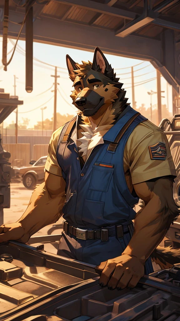 A male furry dog of the Caucasian Shepherd breed is working hard as a mechanic, his chest is visible as it is uncovered and he is quite friendly