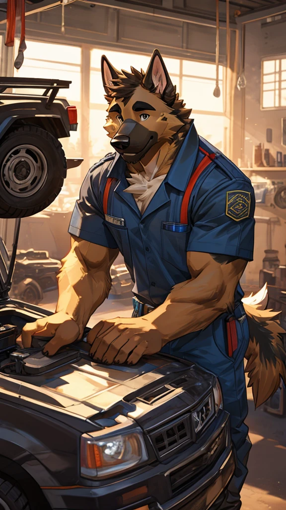 Detailed anatomy, A male furry capybara, about 25 years old, not big but has a marked body, he works as a mechanic, naked, erection, fine size penis 