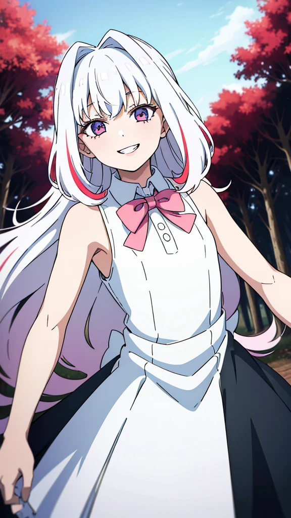 (1girl,8 years old,small),multi colored hair,long hair, white dress, sleeveless, bow tie, bare shoulders, evil smile,teeth,(forest),pov