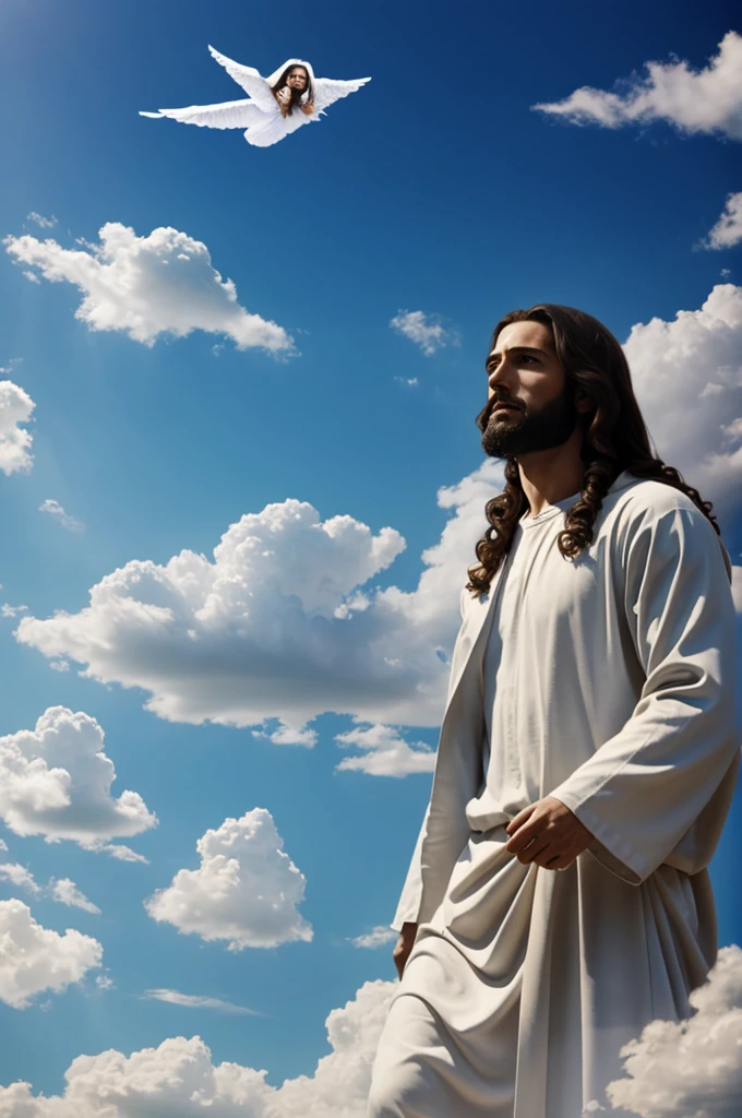 create an image of jesus still from the clouds with angels around in the sky