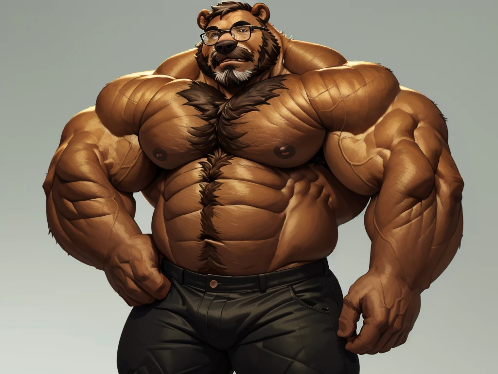 a huge muscular old bear with glasses, brown furry hairy pectoral, huge wide pectoral, short white hair, short black pants and shirtless, topless, bearded with mustache, simple background, (best quality,4k,8k,highres,masterpiece:1.2),ultra-detailed,(realistic,photorealistic,photo-realistic:1.37),solo,1boy