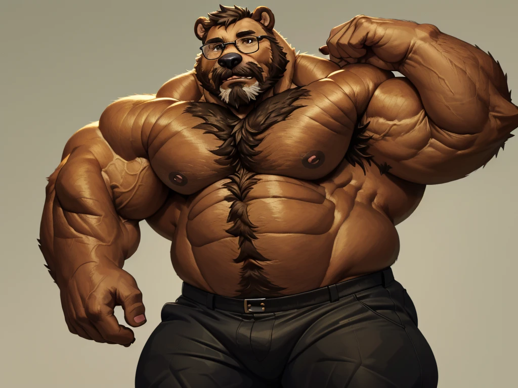 a huge muscular old bear with glasses, brown furry hairy pectoral, huge wide pectoral, short white hair, short black pants and shirtless, topless, bearded with mustache, simple background, (best quality,4k,8k,highres,masterpiece:1.2),ultra-detailed,(realistic,photorealistic,photo-realistic:1.37),solo,1boy