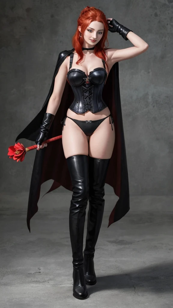Sophie Turner wearing the Evil Dark Phoenix costume, smiling, red hair tied in a bun at the back of her head, black corset, black thong panties, wears long black leather boots, long black gloves that cover her arms until above the elbows, black cape with a red rose, standing with a long black whip in her right hand, a full-body, hyper-realistic image
