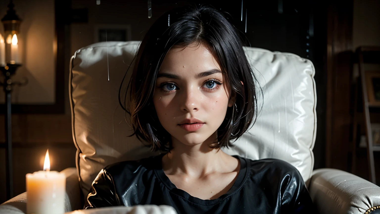 35mm film, solo, bob cut, makeup, blue eyes, , (black shirt) (jacket) (((under the rain))) in night (((in a armchair))) upper body, epiCPhoto,focus on face, close to viewer, intricate lines, intriguing atmosphere, sharp magnificent details, delicate features, elaborate details, beautiful girl, black hair, (short hair) eighteen years old woman, ((upper body)) (Acne), candles, blue fire