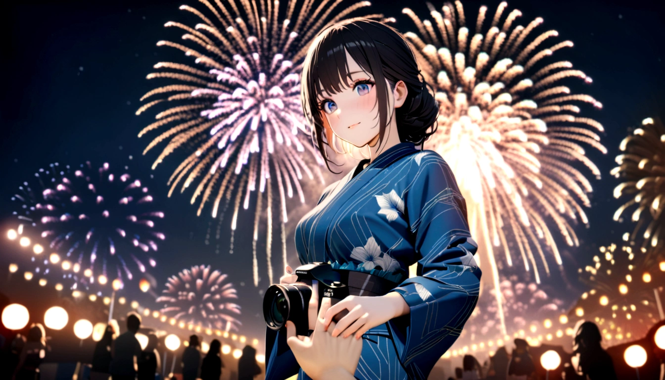 Personal point of view, young beautiful woman, fireworks festival in a yukata, holding someone's hand off the camera, professional color grading, perfect, 8K, ultra-detailed, Octane render, Unreal Engine, style of Makoto Shinkai,