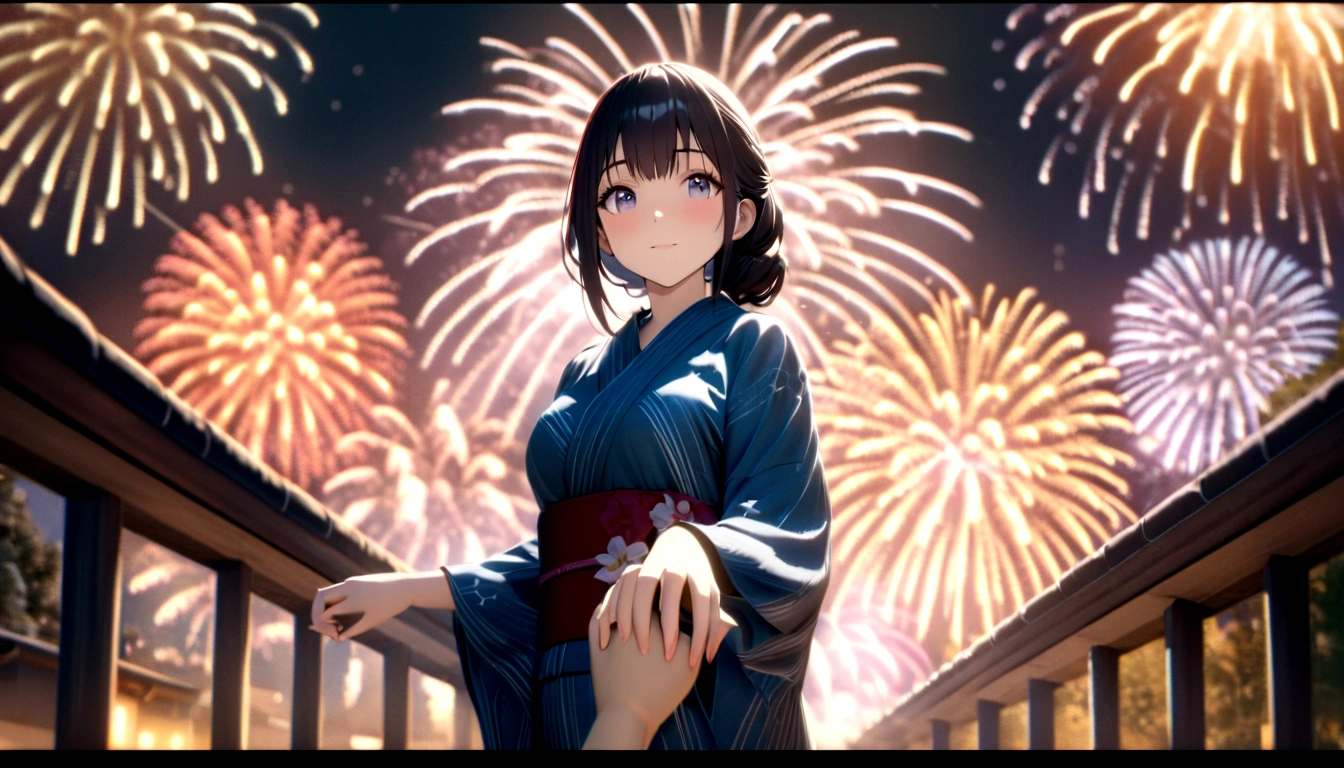 Personal point of view, young beautiful woman, fireworks festival in a yukata, holding someone's hand off the camera, professional color grading, perfect, 8K, ultra-detailed, Octane render, Unreal Engine, style of Makoto Shinkai,