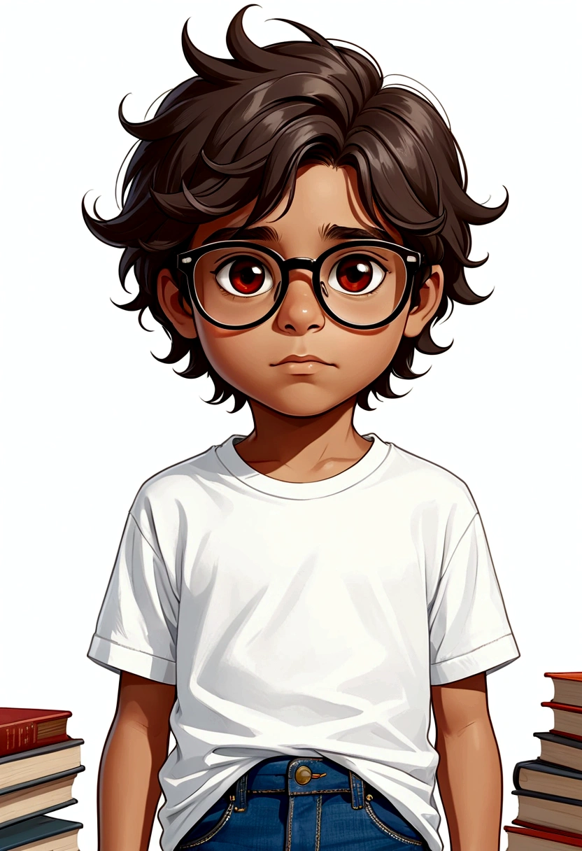 desenhar um menino de 6 anos, multiplas poses, Multiple expressions, book illustration style, simples, fofo, fundo branco. pele branca clara, cabelos castanhos com tons de loiro, cabelos muito longos e lisos, red-rimmed glasses and dark eyes.wearing white t-shirt with no details and denim shorts and blue all star sneakers. fundo branco
