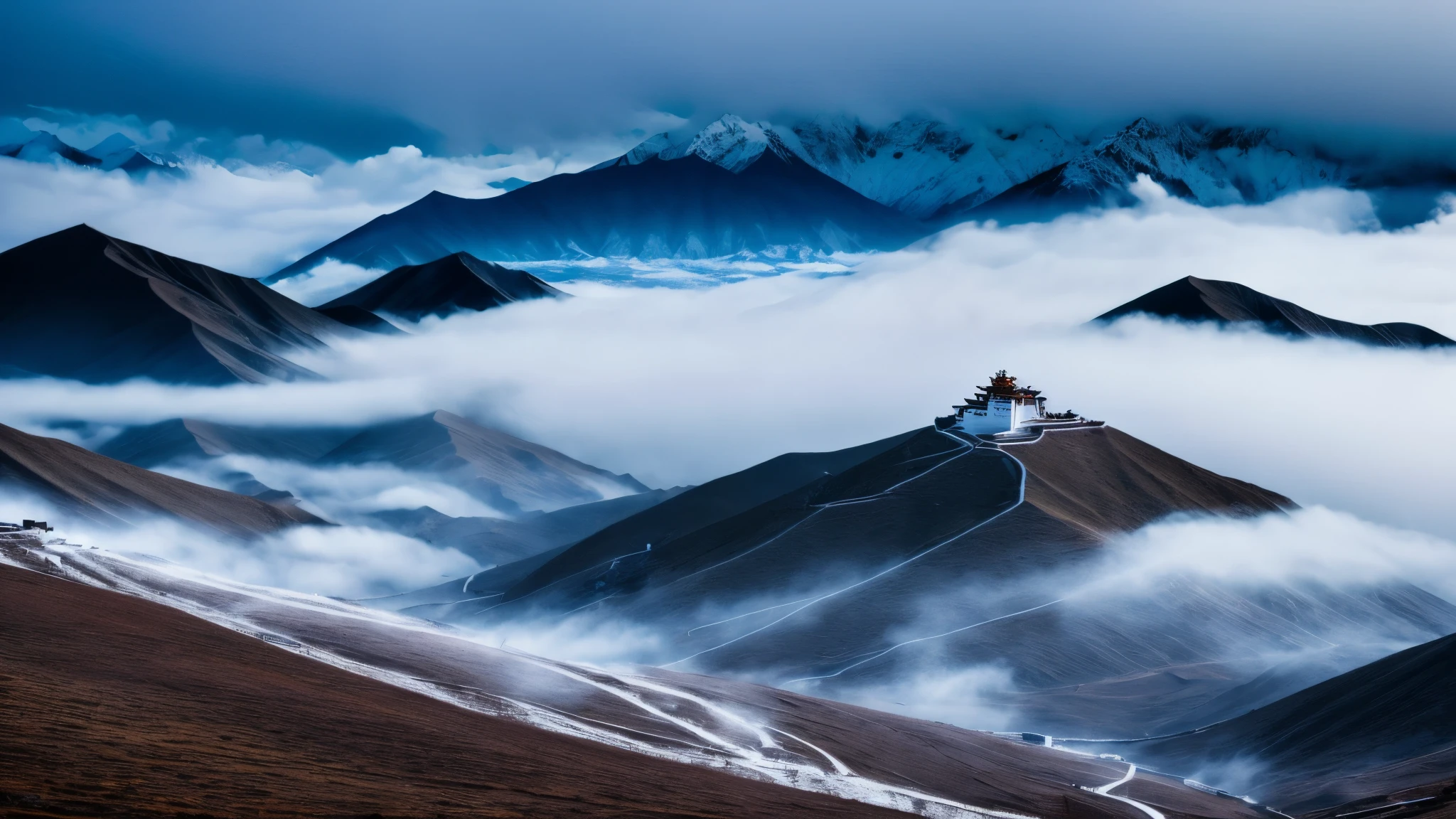 Tibet, background landscape of snowy mountains and lots of fog. More dark and relaxing image. Night. Include monje tibetan from back