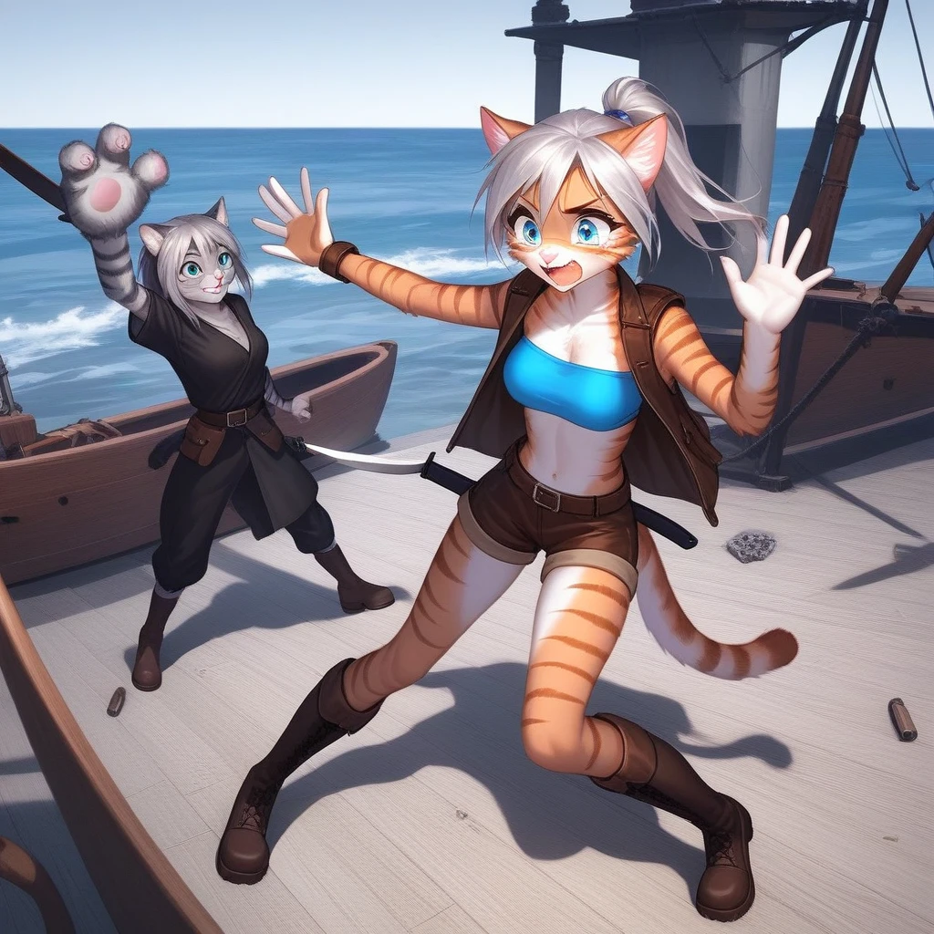 One, check_9,check_8_up,check_7_up, source_cartoon, source_fluffy, Catboat, Anthro fluffy feline girl, tall body, hourglass figure, Adult woman, Blue eyes, :3, Muzzle, pink nose, silver fluffy body, tabby gray tabby cat, long light hair, hair in a ponytail, wear a blue bandeau, brown short shorts, Brown boots, leather belts accessories, holding two knives, standing, Combat position, waving a knife, stabbing movement, Scream, wicked, she is tearing up