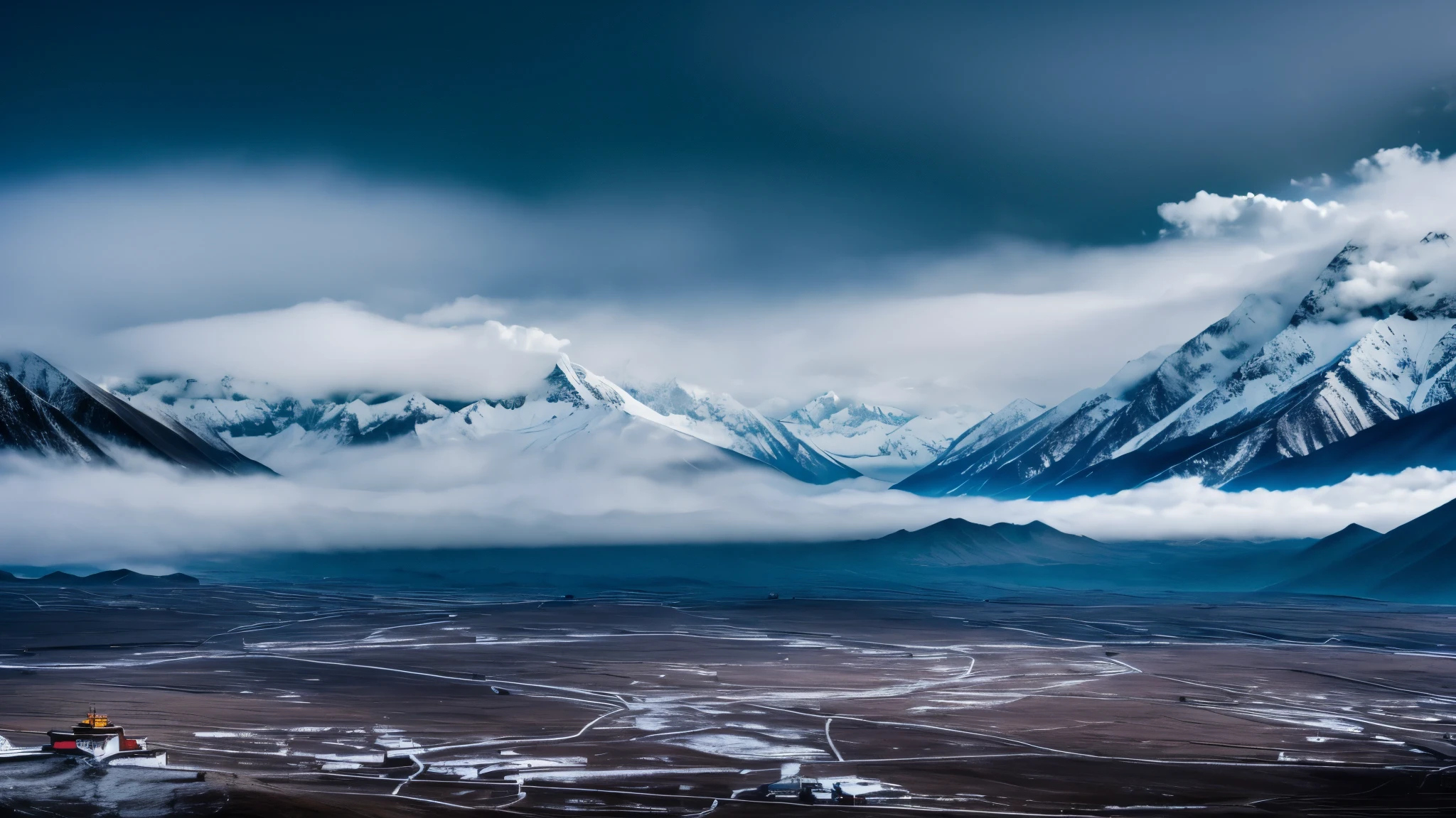 Tibet, background landscape of snowy mountains and lots of fog. More dark and relaxing image. Night. Include monje tibetan from back