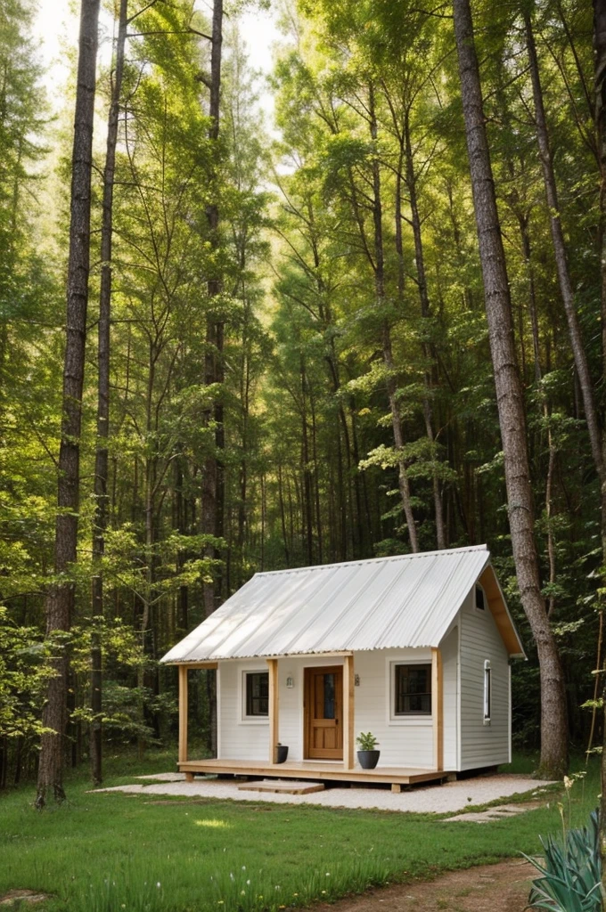 Crea una brujita de pelo blanco con un vestido blanco, regando sus tulipanes blancos, outside a cute little cabin in the middle of a beautiful forest