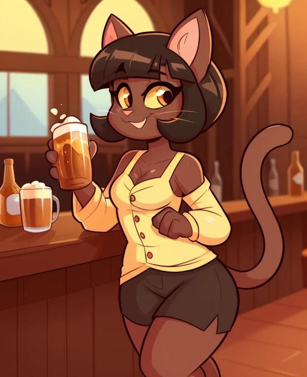 female, (Detailed face), (solo:1.1), [(thin:1.1) : (ivy pepper):4], (Detailed face), (more details, detailed background:1.1), (cat tail:1.1), smile, gold dress, black shorts, thick thighs, cat, anthropomorphic cat, anthro, (half-closed eyes, looking at the viewer seductively), pub, tavern, ((by Kilinah, by Coffeesoda, by Hioshiru, by Kilinah)), drinking beer