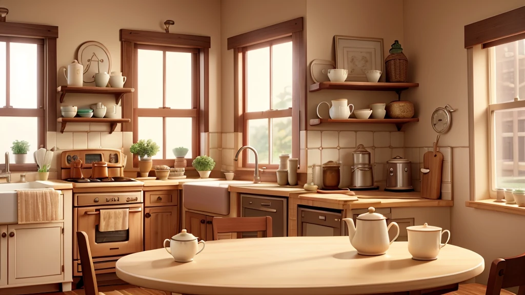 a simple, cozy kitchen scene with a beige kettle steaming on a stove. A round oatmeal cookie and a cup of tea sit on a small table by a window, with morning light softly illuminating the room.