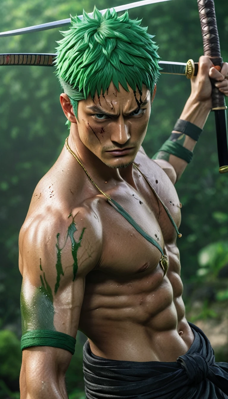 Photorealistic Roronoa Zoro, One Piece, anime character, green hair, three swords, muscular build, green haramaki, scarred face, serious expression, lifelike textures, detailed, natural lighting, realistic skin tones, cinematic shot, high resolution.