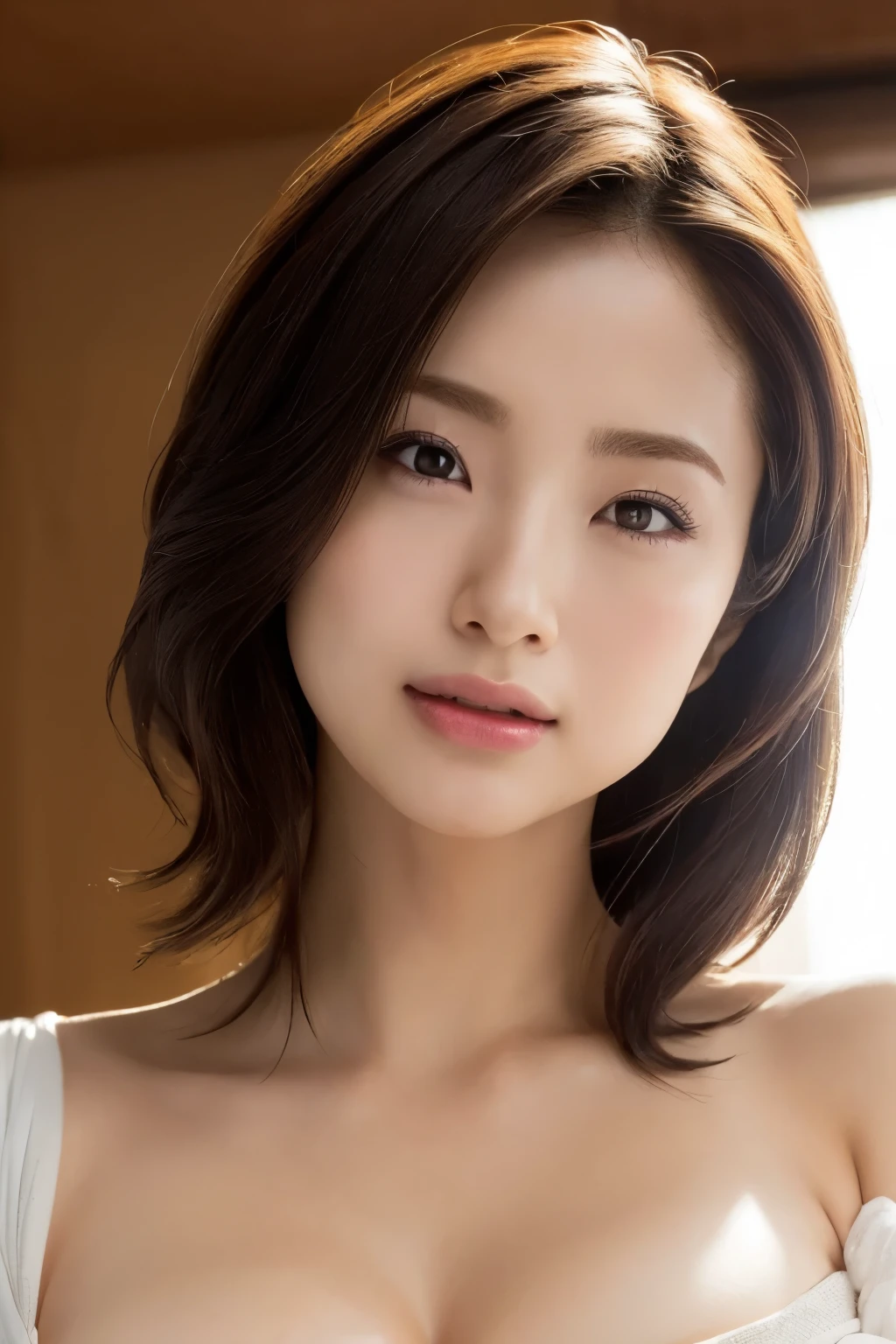 Big breasts that seem to be spilling out of the clothes、First Person View, (masterpiece:1.3), High resolution, Very detailed, Very detailedな CG Unity 8k 壁紙, Realistic, photo-Realistic, RAW Photos, Beautifully detailed face, Pale skin, Realistic glistening skin, Detailed cloth texture, Detailed hair texture, Perfect body, Beautiful Face, Accurate, Anatomically correct, Highly detailed face そして skin texture, Natural neck length, (Beautiful Hそしてs), (Fair skin:1.2),The perfect off-the-shoulder look,、Bob Hair,cover your chest with your own hands、Lie on your back in bed