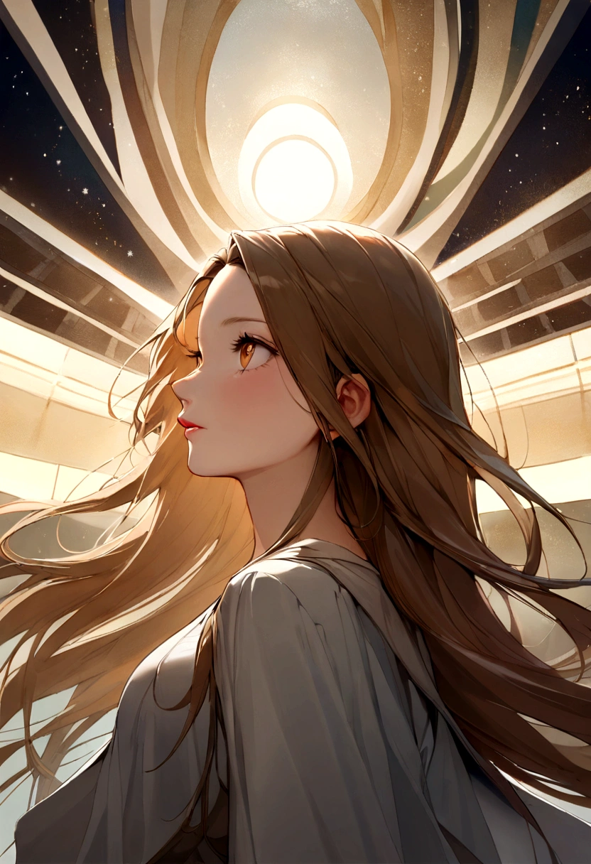 A photorealistic profile of a 21 year old woman with long, flowing brown hair and striking eyes . Elle doit avoir une expression naturelle et accessible et être éclairée par la douce lumière du soleil dorée. Capturez cette image avec une photographie haute résolution à l'aide d'un objectif 85 mm pour une perspective flatteuse