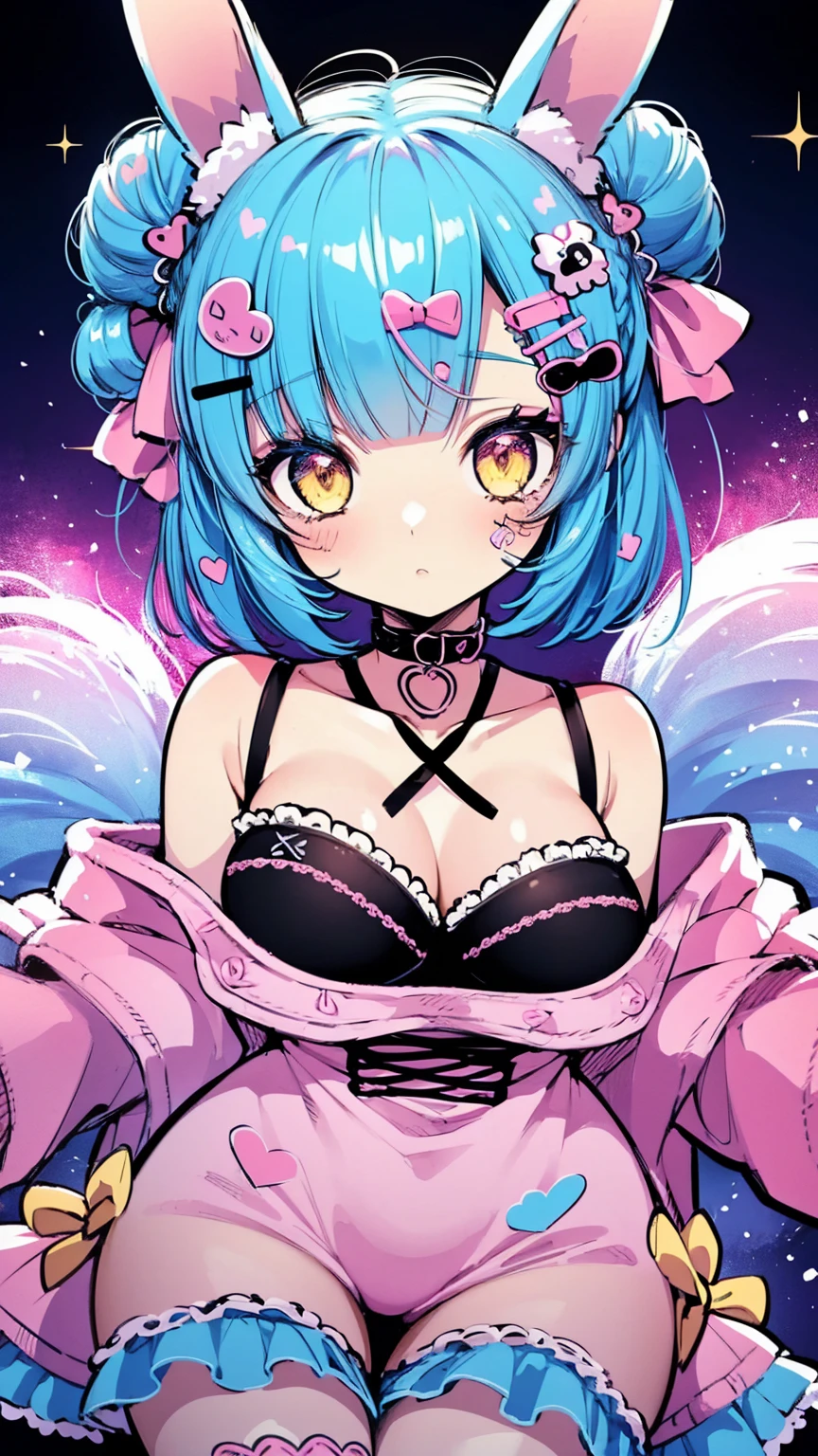 official art, masterpiece, sharp focus,Delicate and beautiful hair and eyes and face, realistic, ultra detailed, beautiful girl, blue sky, glow white particle, A single girl with a decora street fashion-inspired look, rocking a crazy harajuku style. She wears legwarmers and big platform shoes, and has her hair styled in adorable two buns. Short hair. The scene is set at nighttime, hairpins, accesories, bunny ears with pattern inside, striped, long socks, pale skin, hair ornament, epic scenery, , decora accessories like hairclips. She embodies the vibrant and trendy Harajuku fashion style, yellow eyes, yellow horns, light blue hair in two bun, grown woman, adult, big , big lips, blush on cheeks, curvy, sexy, pink fishnets, bows ,pink choker, fluffy and warm style, cute stickers, tattoos, clips, loads of clips maximalist