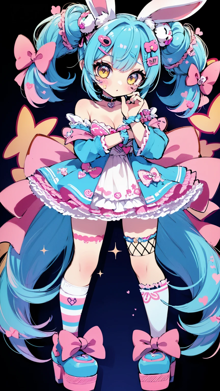 1girl, bare legs, breasts, long hair, blue hair, rabbit ears, animal ears, rabbit tail, frills, dress lift, red eyes, hair bow, looking at viewer, blush, collarbone, ear clip, twintails