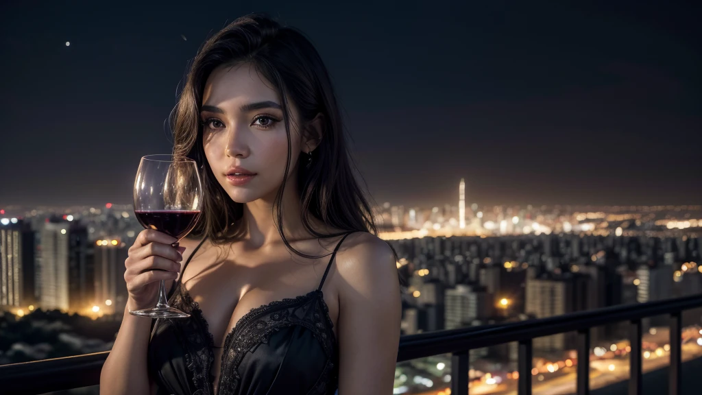 (( Selena Gomez:Emma Watson:0.8)) ((A sexy and beautiful woman holding a wine glass and looking at me on the terrace)), ((The cutest 27-year-old beauty)), Charming smile, ((Fireworks in the background) ), ((Very long hair) ), (( big breasts 1.1))((One piece with a lot of exposed parts)), ((Rich bust)), Gradient eyes, Seductive makeup, Single view, NFFSW, UHD, Retina, Masterpiece, Accurate, Anatomy Scientifically correct, textured skin, super detail, high detail, high quality, award winning, highest quality, high resolution, 1080P, HD, 4K, 8k, 16k