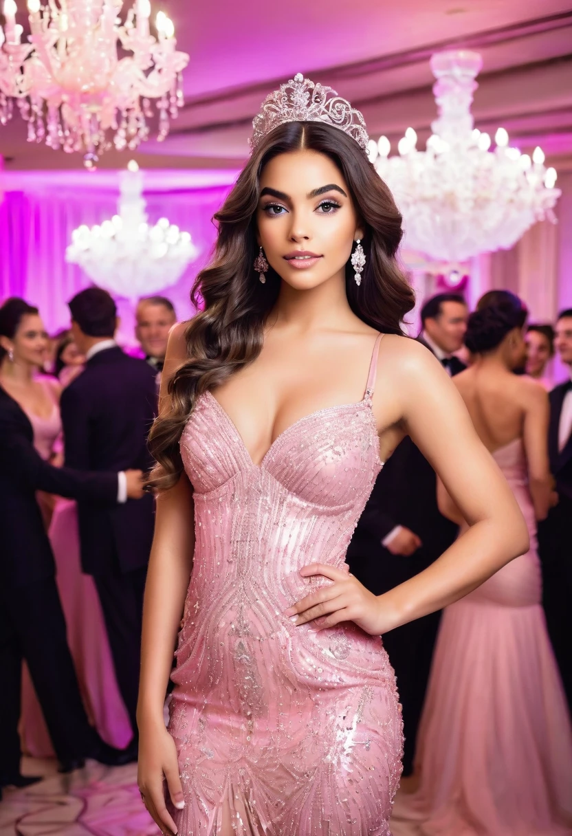 Uma mulher bonita de 21 anos, com cabelos longos e loiros, olhos azuis e pele clara, veste um vestido rosa pink de gala em uma festa luxuosa em Nova York. She is surrounded by an elegant and sophisticated atmosphere, with opulent decor and well-dressed guests, refletindo o glamour da cidade.