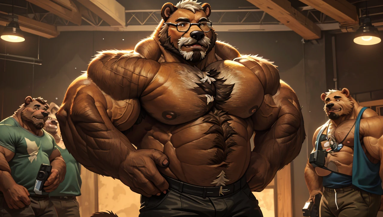 a huge muscular old bear with glasses, brown furry hairy pectoral, huge wide pectoral, short white hair, short black pants and shirtless, topless, bearded with mustache, simple background, (best quality,4k,8k,highres,masterpiece:1.2),ultra-detailed,(realistic,photorealistic,photo-realistic:1.37),solo,1boy