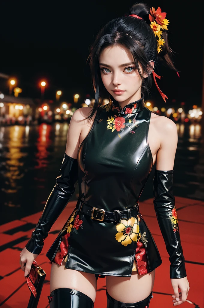 (RAW photo, best quality), Cute girl with short black hair, (ponytail), (city roof at night background), low light , green eyes , dark eyeliner, innocent smile, gorgeous face , super cute, 18 years old , young looking, hyper detailed face, dark eyeliner, (medium breast), (thin waist), (bare shoulders, (bare hips), black and red PVC mini dress with yellow flower decoration and vivid red patterns, qipao, deep black leather thigh high boots, black and red PVC arm sleeves with yellow flower decorations and vivid red patterns, (wide gold metal belt)