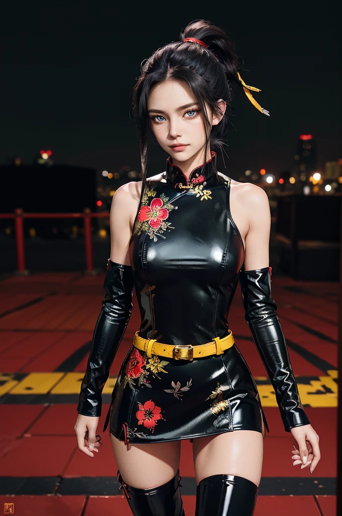 (RAW photo, best quality), Cute girl with short black hair, (ponytail), (city roof at night background), low light , green eyes , dark eyeliner, innocent smile, gorgeous face , super cute, 18 years old , young looking, hyper detailed face, dark eyeliner, (medium breast), (thin waist), (bare shoulders, (bare hips), black and red PVC mini dress with yellow flower decoration and vivid red patterns, qipao, deep black leather thigh high boots, black and red PVC arm sleeves with yellow flower decorations and vivid red patterns, (wide gold metal belt)