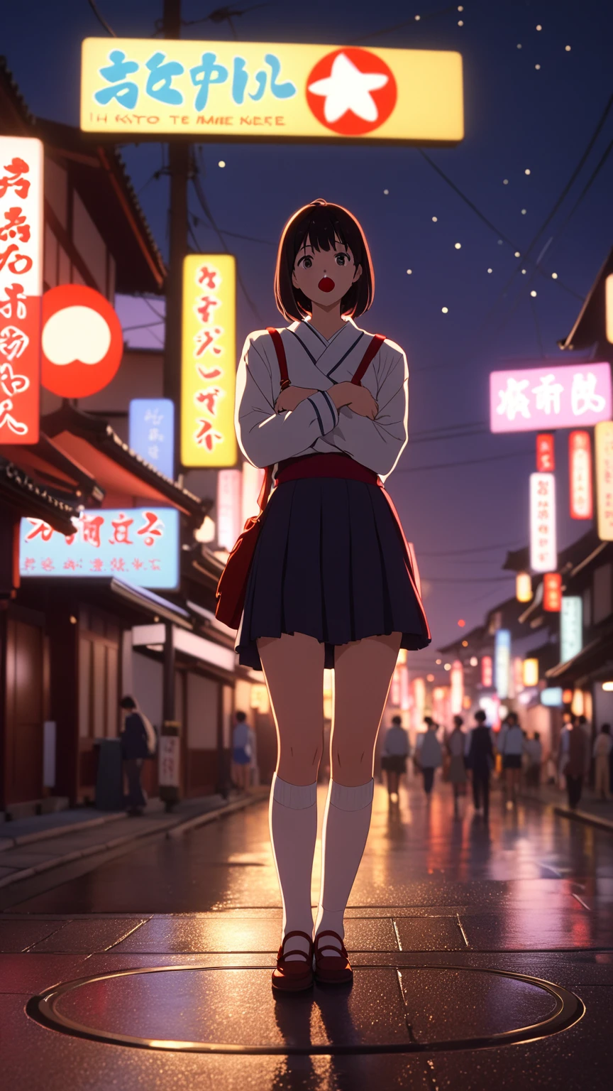 Browsing Caution,I want to see the kneecap, High resolution, shape, Kyoto Animation Style, Your Name Movie Style, night, midnight, Light, (1 female: 1.3), (alone: 1.4), Long eyelashes, Short Bob, Red nose