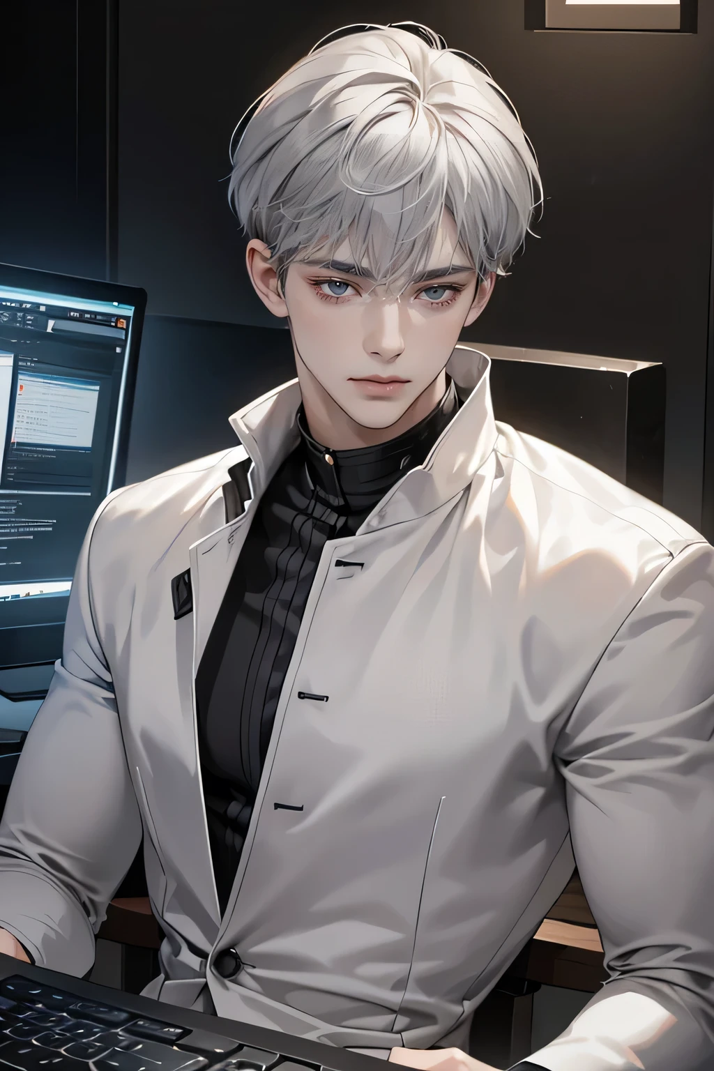 (chedevr,A high resolution,ultra - detailed:1.0),(1 boy,A young man:1.3),ideal male body,(Sexy mature man:1.3), look into the camera,delicate eyes and delicate face,extremely detailed computer graphics,unity 8k wallpaper,complex parts,loner, detailed face, (long gray hair, fashionable and sexy men's clothing, metal necklace, Sitting on a sofa in a modern bar, modern clothes, Earrings), evil smile,Show forehead,show breasts,in room, (Night Club Theme:1.3), Color Difference, depth of field,dramatic shadow,ray tracing,Best quality, sports