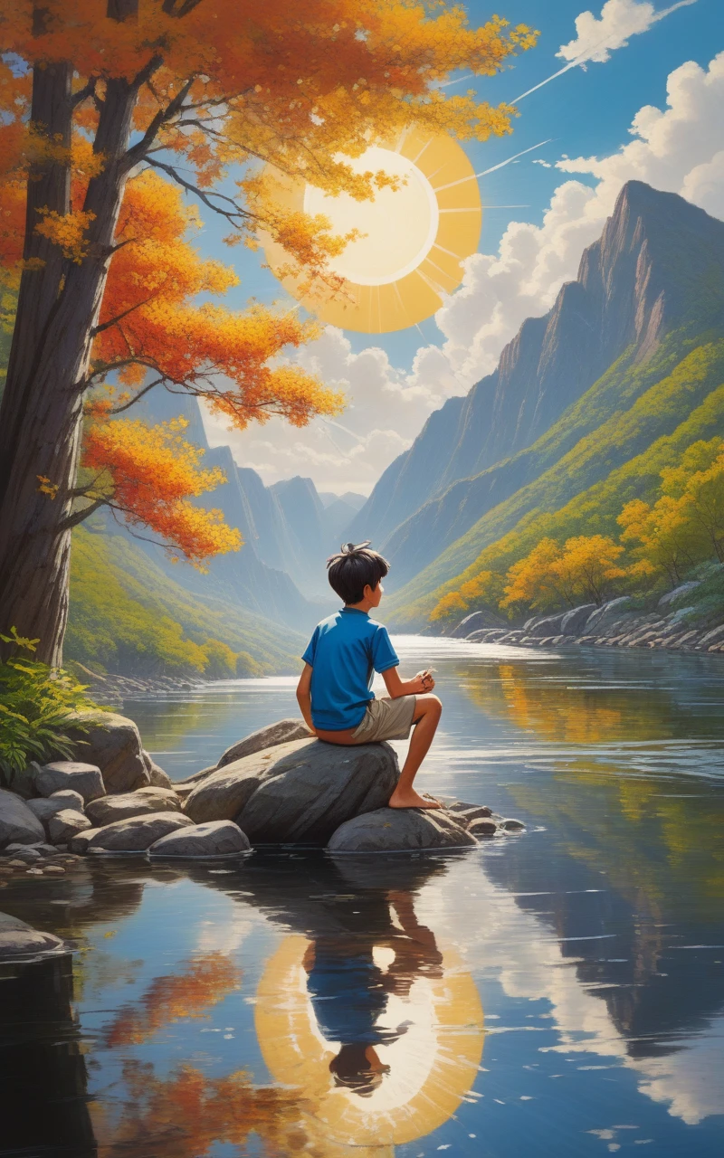 Prompt: ((full body)), In leng jun and norman rockwell art style, hd, 8k resolution, fullbody, 16k resolution, hd, view from behind, 1 BOY is sitting by the river watching the sun rice in the background, river, mountains, sun, clouds He is wearing flip flop sandals, dramatic, pacefull scene high quality masterful still-life painting, oil painting, vibrant rich colors, atmospheric perspective, depth, illustration, intricate details, ultra high resolution, sharp details, sharp focus, 8k resolution Miki Asai Macro photography, fullbody, hyper detailed, trending on artstation, sharp focus, studio photo, intricate details, highly detailed, by greg rutkowski ,GO_pokemon, high quality masterful still-life painting, oil painting, vibrant rich colors, atmospheric perspective, depth, illustration, intricate details, ultra high resolution, sharp details, sharp focus, 8k resolution Miki Asai Macro photography, fullbody, hyper detailed, trending on artstation, sharp focus, studio photo, intricate details, highly detailed, by greg rutkowski ,GO_pokemon,
