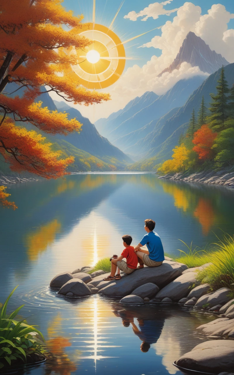 Prompt: ((full body)), In leng jun and norman rockwell art style, hd, 8k resolution, fullbody, 16k resolution, hd, view from behind, 1 BOY is sitting by the river watching the sun rice in the background, river, mountains, sun, clouds He is wearing flip flop sandals, dramatic, pacefull scene high quality masterful still-life painting, oil painting, vibrant rich colors, atmospheric perspective, depth, illustration, intricate details, ultra high resolution, sharp details, sharp focus, 8k resolution Miki Asai Macro photography, fullbody, hyper detailed, trending on artstation, sharp focus, studio photo, intricate details, highly detailed, by greg rutkowski ,GO_pokemon, high quality masterful still-life painting, oil painting, vibrant rich colors, atmospheric perspective, depth, illustration, intricate details, ultra high resolution, sharp details, sharp focus, 8k resolution Miki Asai Macro photography, fullbody, hyper detailed, trending on artstation, sharp focus, studio photo, intricate details, highly detailed, by greg rutkowski ,GO_pokemon,
