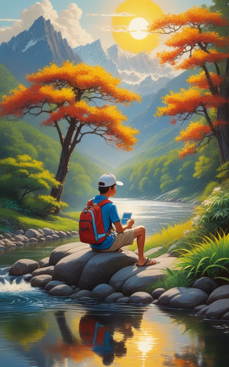 Prompt: ((full body)), In leng jun and norman rockwell art style, hd, 8k resolution, fullbody, 16k resolution, hd, view from behind, 1 BOY is sitting by the river watching the sun rice in the background, river, mountains, sun, clouds He is wearing flip flop sandals, dramatic, pacefull scene high quality masterful still-life painting, oil painting, vibrant rich colors, atmospheric perspective, depth, illustration, intricate details, ultra high resolution, sharp details, sharp focus, 8k resolution Miki Asai Macro photography, fullbody, hyper detailed, trending on artstation, sharp focus, studio photo, intricate details, highly detailed, by greg rutkowski ,GO_pokemon, high quality masterful still-life painting, oil painting, vibrant rich colors, atmospheric perspective, depth, illustration, intricate details, ultra high resolution, sharp details, sharp focus, 8k resolution Miki Asai Macro photography, fullbody, hyper detailed, trending on artstation, sharp focus, studio photo, intricate details, highly detailed, by greg rutkowski ,GO_pokemon,
