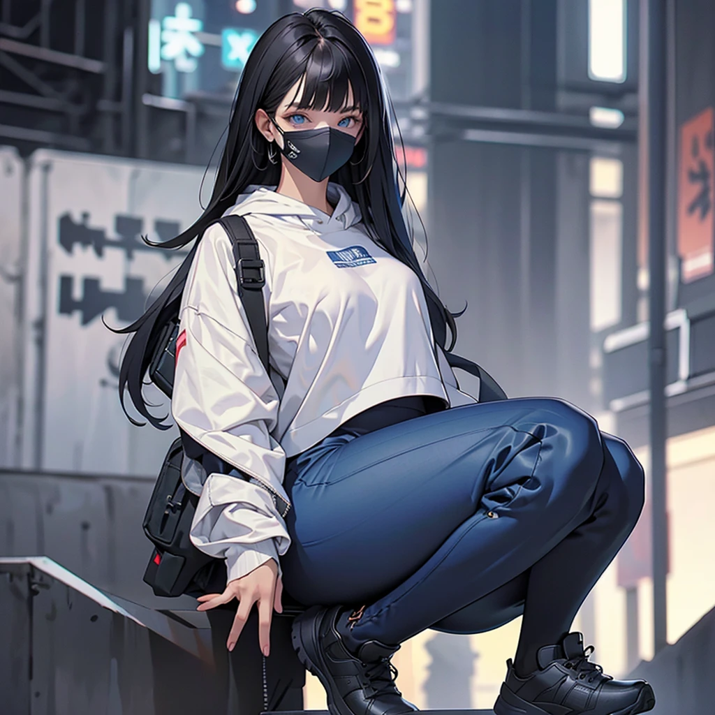 1girll,focal point:Shoot from head to shoe full body! (Full body shooting from head to shoe),helmet, Hood, Solo, Extra-long_Hair, bangs, Tank top, The upper part of the body_Body, Black_Hair, bag, Blurry, Coat, Blue_Eyes, Mask, Blurry_Background, Backpack, Mouth_Mask, Covered_Mouth, Urban tech clothing, Outfit,lowerbody,Fair long legs,Unequal network leggings,with light glowing,zipperechanical loot,Full body shooting from head to toe。