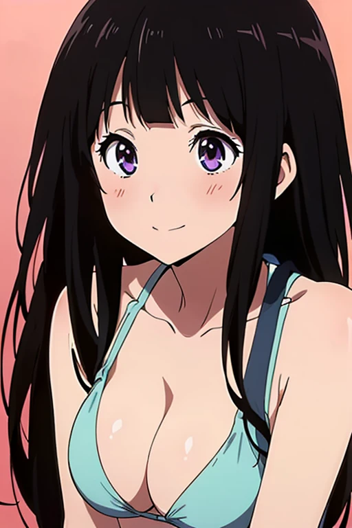 (anime cels style, megami magazine, poster style, best quality, high resolution, sharp image, 8k wallpaper, masterpiece), (beautiful detailed eyes, beautiful detailed face), Chitanda Eru, (black hair, long hair), blush, smile, (large breasts), white bikini, (upper body, standing), simple background, (perfect detailed anatomy, perfect detailed body, perfect arms, perfect fingers, shiny skin)