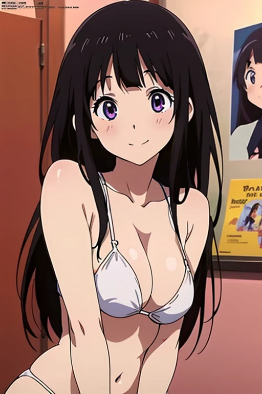 (anime cels style, megami magazine, poster style, best quality, high resolution, sharp image, 8k wallpaper, masterpiece), (beautiful detailed eyes, beautiful detailed face), Chitanda Eru, (black hair, long hair), blush, smile, (large breasts), white bikini, (upper body, standing), simple background, (perfect detailed anatomy, perfect detailed body, perfect arms, perfect fingers, shiny skin)