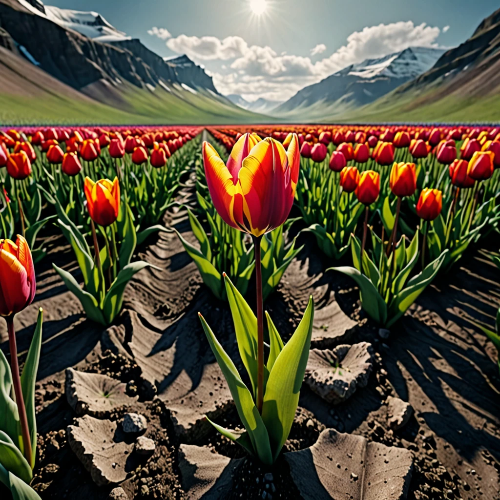 A tulip growing in the middle of an inhospitable place, cinematic scene, ultra detailed, ultra quality, 8K, masterpiece
