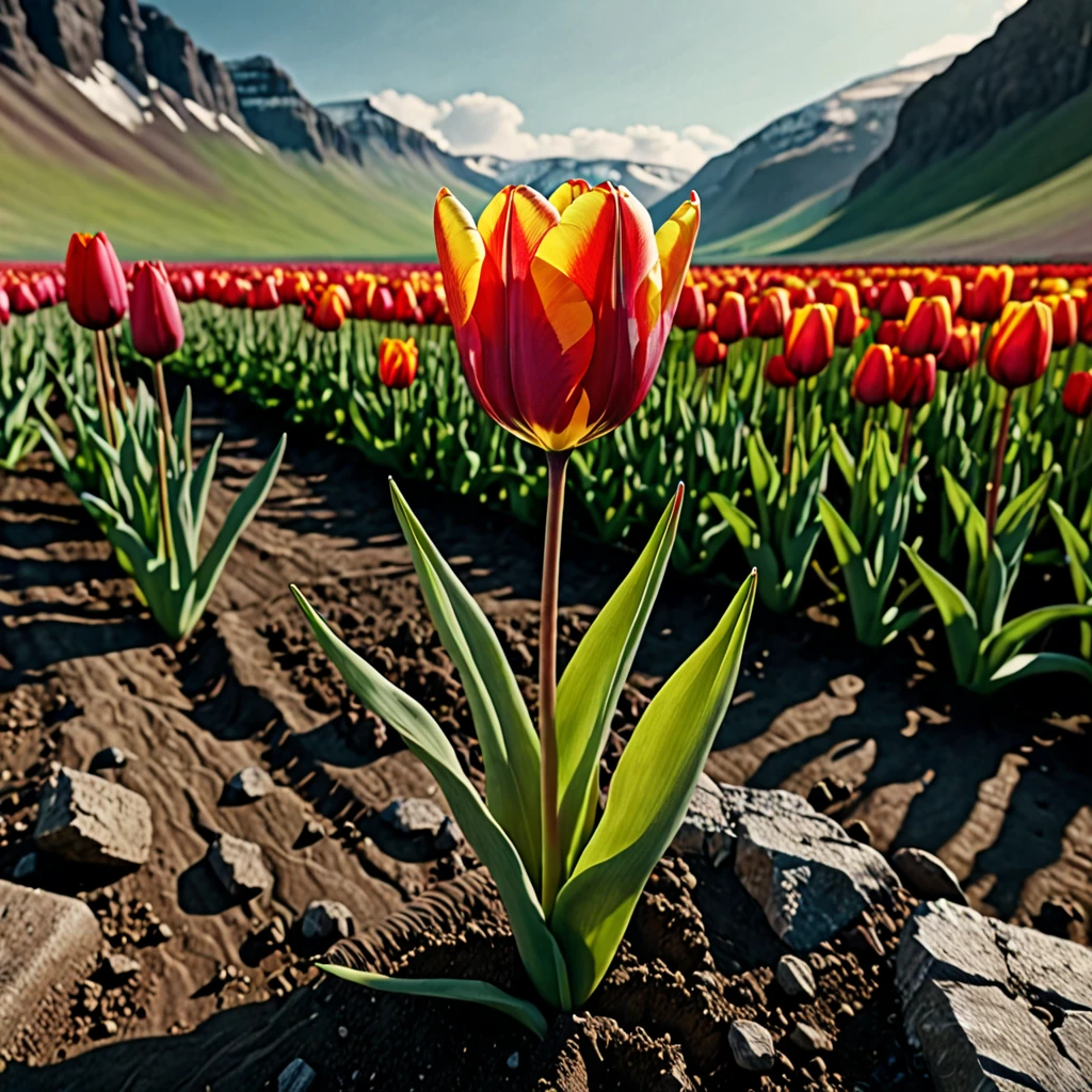 A tulip growing in the middle of an inhospitable place, cinematic scene, ultra detailed, ultra quality, 8K, masterpiece
