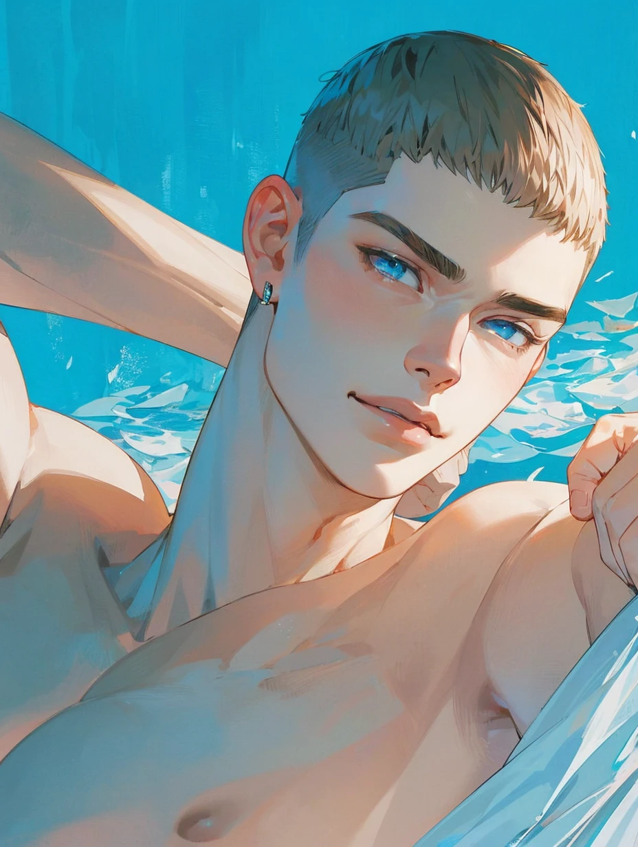 Manhwa oil painting realistic, digital art, male character, young, light brown scalp, buzz cut, short hair with thin tips on the forehead, cyan blue eyes, relaxed, round face, body defined and muscular body, beach background, smiling