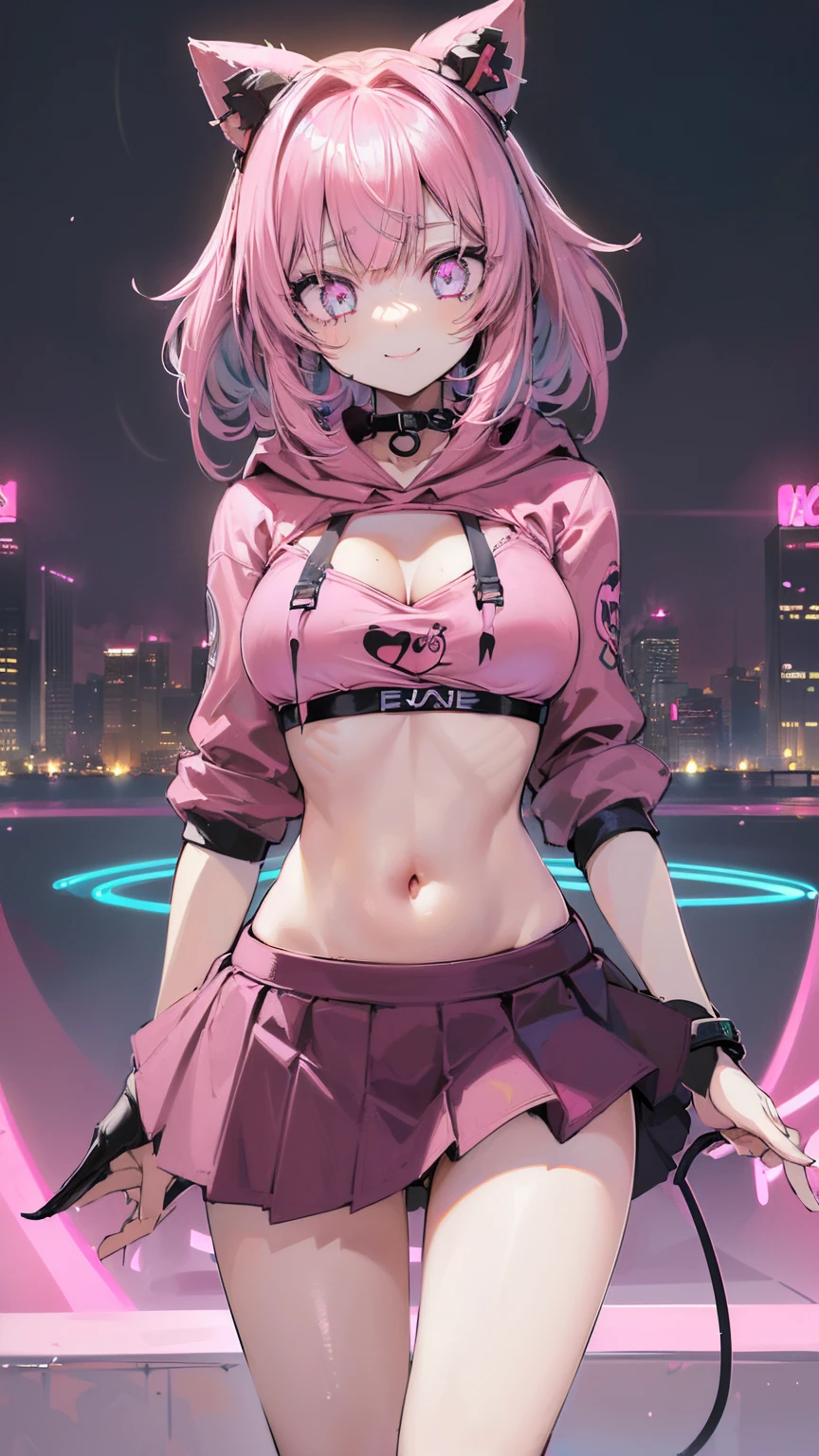 girl, (Lower bust:1.4),Large breasts droop、(ssmile:1.5)，Colored inner hair,Long gray hair:1.5,Long unkempt hair:1.35,cabelos preto e longos,Complex hairstyles,(((neon_Pink_There are eyes:1.3))),complex eyes,Beautiful and delicate eyes,symetric eye)),(spider lower abdomen,Willow waist,Wide hips,athletic body build,inflatable legs,Detailed body), Cute big breasts,'s,((((cropped hoodie,)))),(((Superskirt))) (dynamicposes:1.0),Just focus,Embarrassing,(Located in the center,Scale to fit the dimensions,the rule of thirds), Neon lights are particularly eye-catching, very bright neon light,during night, star night, kosmos, artsy photography,(Photos taken by sldr),A high resolution, Focus sharp, (realistic artwork:1.37),(extremely detaild's CG unified 8k wallpapers),((new year&#39;Background theme)),(((vivd colour))),