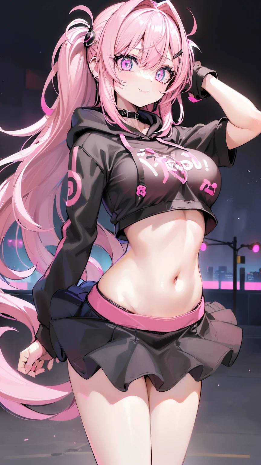 girl, (Lower bust:1.4),Large breasts droop、(ssmile:1.5)，Colored inner hair,Long gray hair:1.5,Long unkempt hair:1.35,cabelos preto e longos,Complex hairstyles,(((neon_Pink_There are eyes:1.3))),complex eyes,Beautiful and delicate eyes,symetric eye)),(spider lower abdomen,Willow waist,Wide hips,athletic body build,inflatable legs,Detailed body), Cute big breasts,'s,((((cropped hoodie,)))),(((Superskirt))) (dynamicposes:1.0),Just focus,Embarrassing,(Located in the center,Scale to fit the dimensions,the rule of thirds), Neon lights are particularly eye-catching, very bright neon light,during night, star night, kosmos, artsy photography,(Photos taken by sldr),A high resolution, Focus sharp, (realistic artwork:1.37),(extremely detaild's CG unified 8k wallpapers),((new year&#39;Background theme)),(((vivd colour))),