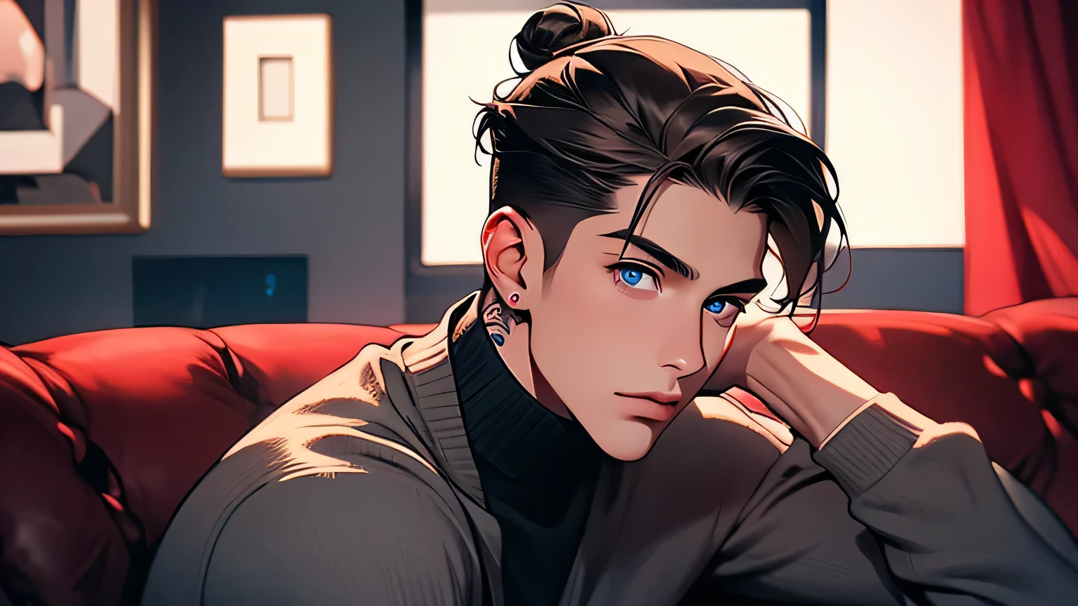young man, brown hair, short hair in a bun, black turtleneck,, gray-blue eyes, tattoos on his neck, Red room