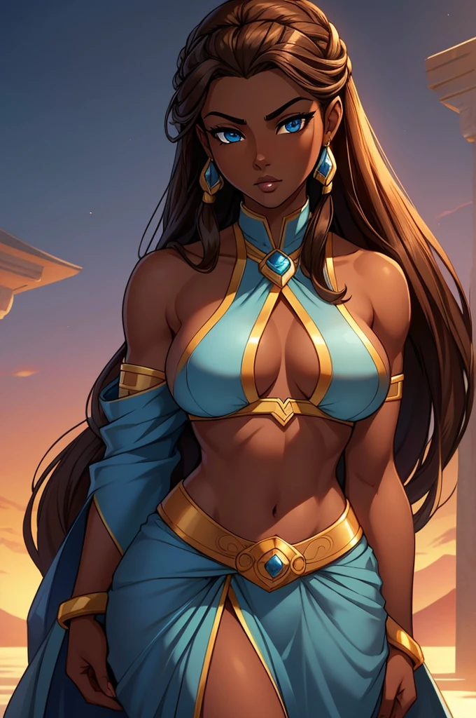 ((ultra quality)), ((masterpiece)), Katara, ((brown-haired long hair)), (Beautiful face), (beautiful female lips), (), charming, ((sexy facial expression)), looks at the camera, (dark skin color), (dark skin), glare on the body, ((Detailed eyes)), ((Dark blue eyes)), (juicy female lips), (brown lips), (dark eyeliner), (beautiful female hands), ((ideal female figure)), ideal female body, beautiful waist, beautiful hips, medium breasts, ((subtle and beautiful)), A seductive stance (close up of face), (dressed in Katara&#39;s clothes) background: beautiful forest near the river, ((depth of field)), ((high quality clear image)), (clear details), ((high detail)), realistically, professional photo session, ((Clear Focus))